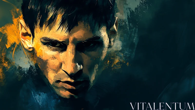 Brooding male portrait in expressive teal and amber brushwork.