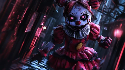 Distressed clown doll figure in red dress on alleyway at night.