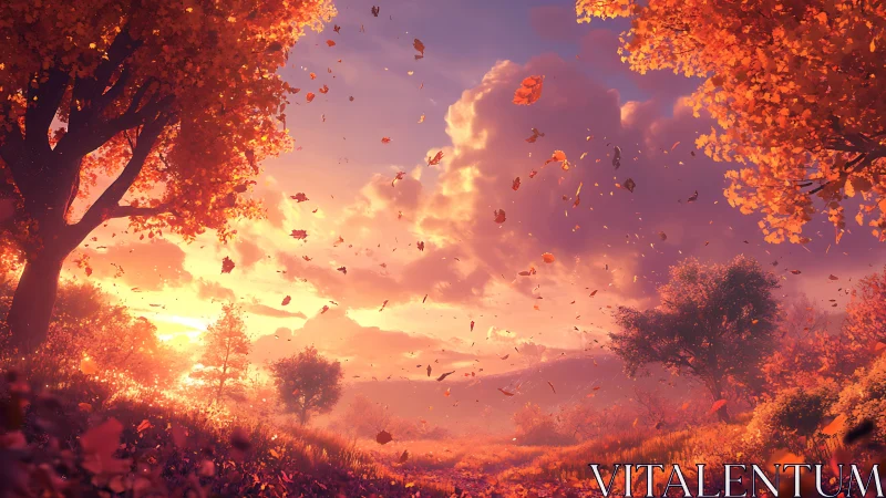 Storm of autumn leaves under glowing sunset skyscape.