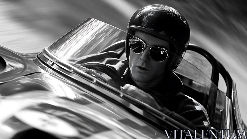 Driver in open-cockpit car on curved road in motion blur.