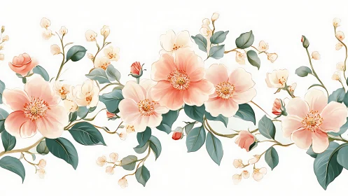 Botanical Floral Composition: Pink Blooms, Cream Buds, Green Foliage.