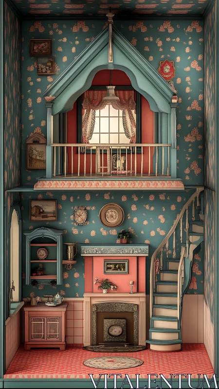 Two-level vintage dollhouse room with staircase interior.