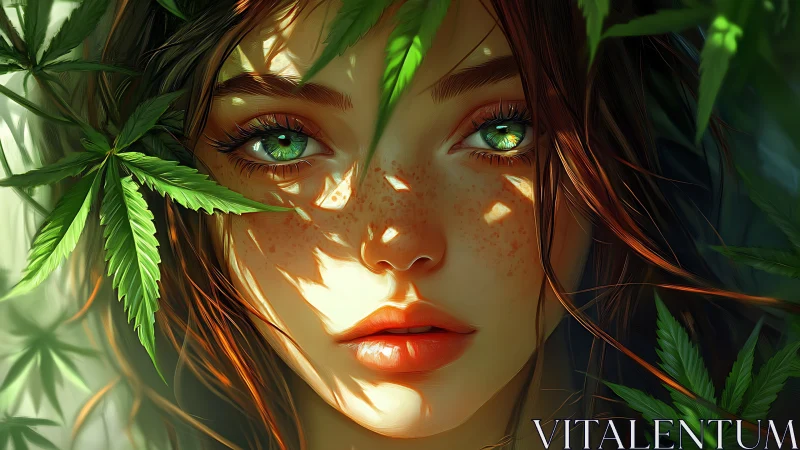 Forest-eyed woman emerges through vivid sunlit foliage.