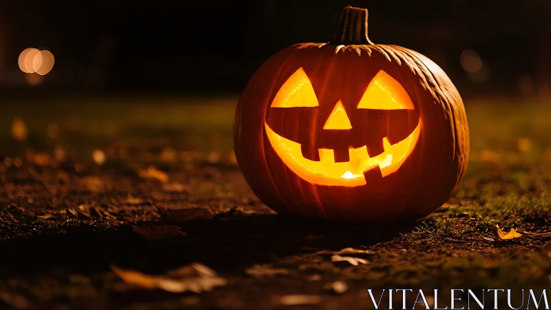 Illuminated carved pumpkin outdoors at night on grass surface.