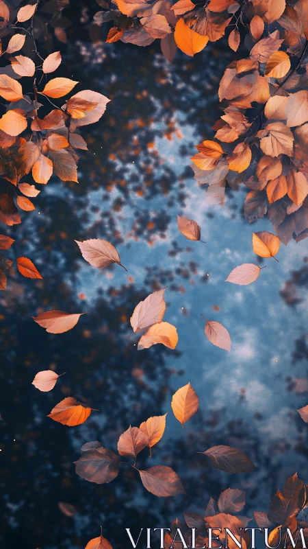 Copper leaves drift slowly across a mirror-bright autumn pond