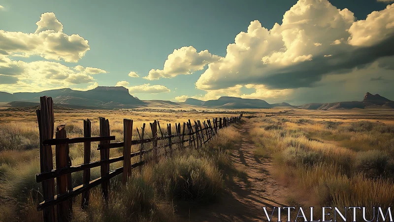 Cinematic desert trail with rustic fence and dramatic sky composition.