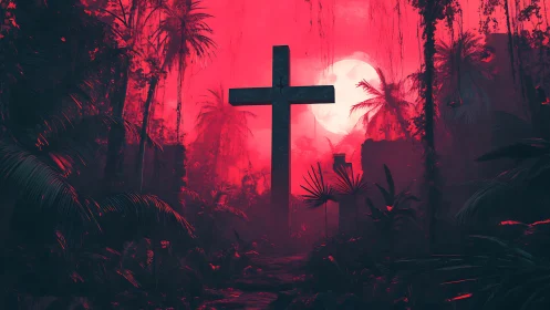 Monolithic cross silhouettes against crimson jungle moonrise