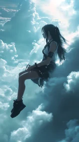 Solitary female figure seated on dense cloud formation.