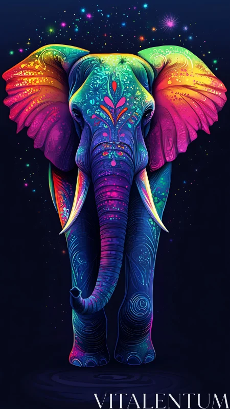 Galactic neon elephant strides through a star-splashed night.