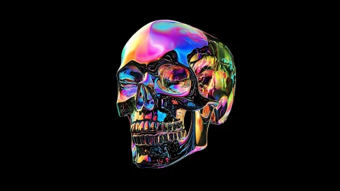 Iridescent chrome skull reflects neon light on black field.