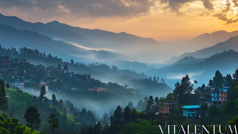 Mist-filled mountain valley with hillside village at sunrise.