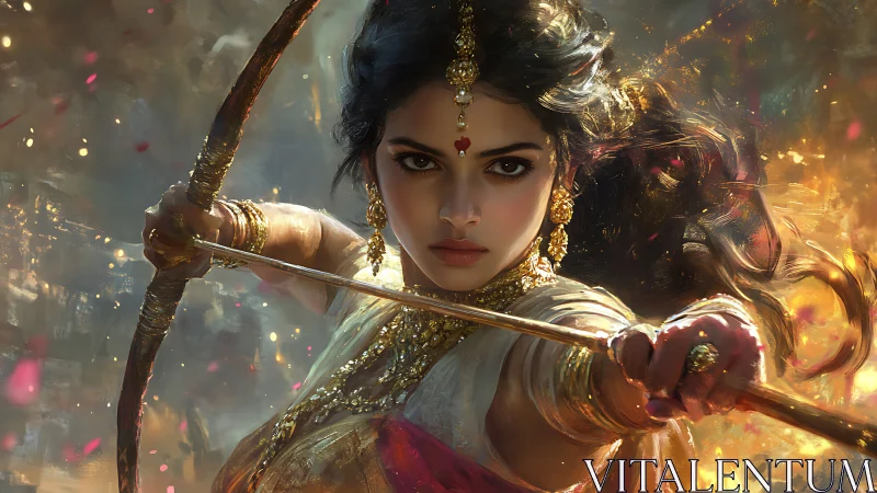Warrior goddess archer blazing through molten dusk light.