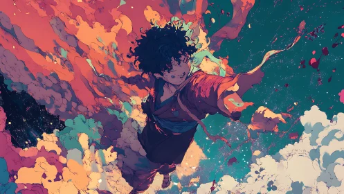 Kinetic ascent through nebular clouds in dynamic anime illustration.