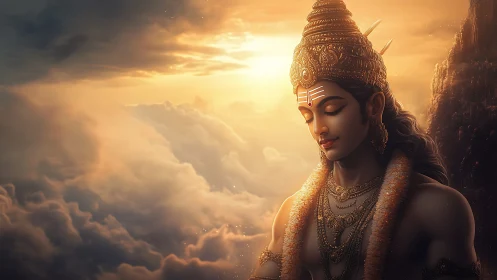 Serene divine figure above glowing clouds at sunrise.