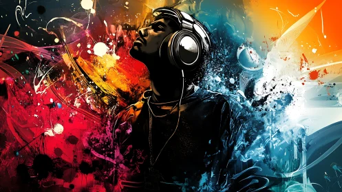 Man in headphones immersed in colorful abstract music art.