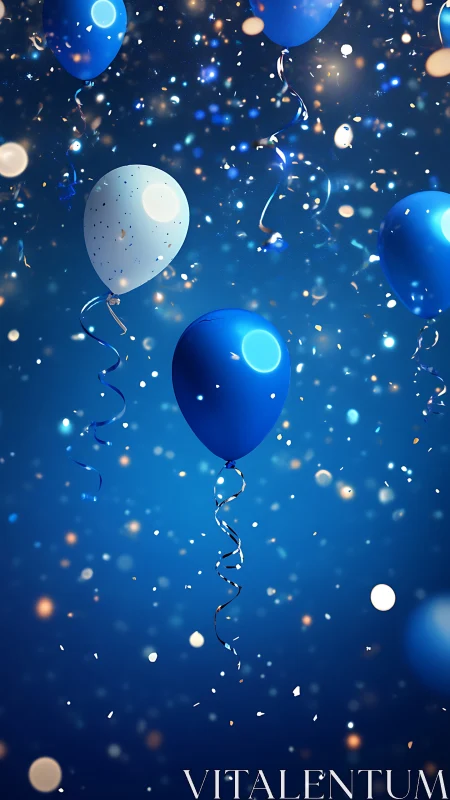 Glowing Balloons and Bokeh Lights on Blue Background.