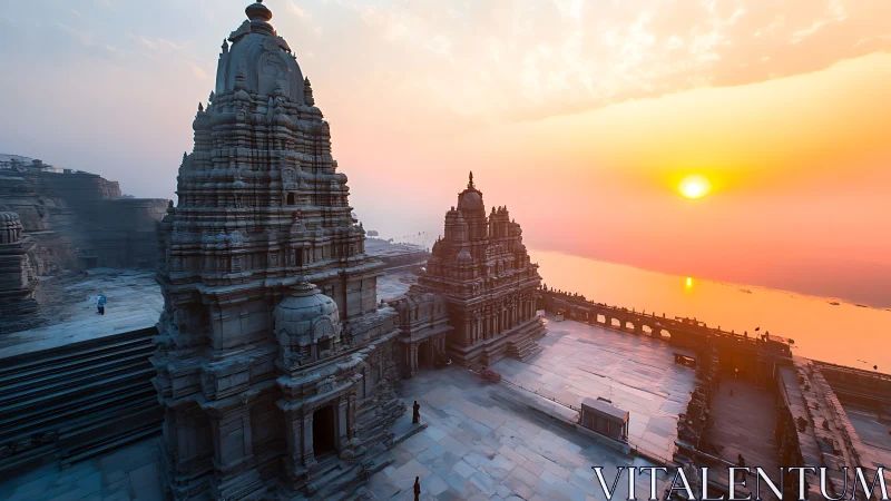 Sunlit riverside temple complex in soft dawn haze.