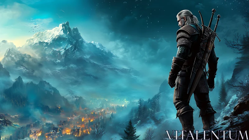 Armored swordsman overlooking burning valley beneath icy peaks.