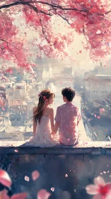 Cherry blossom rooftop romance above sunlit pastel city.