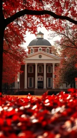 Neoclassical campus rotunda centered under dense red autumn canopy