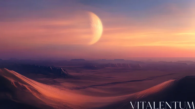 Alien desert horizon under giant pale planet at dusk.
