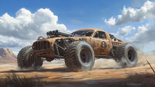 Armored desert muscle car races across windswept wasteland
