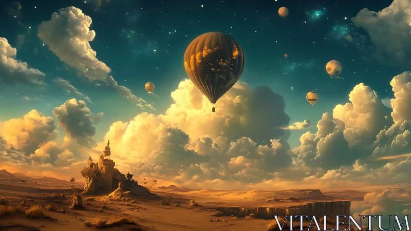 Hot air balloons drift above desert cliffs and ruins