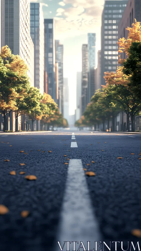 Sunlit empty city avenue stretches into soft autumn haze