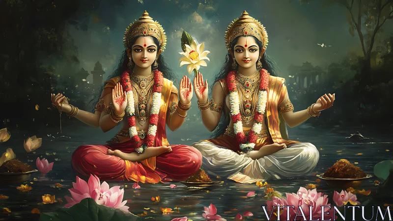 Dual seated Lakshmi icons in lotus-filled aqueous tableau.