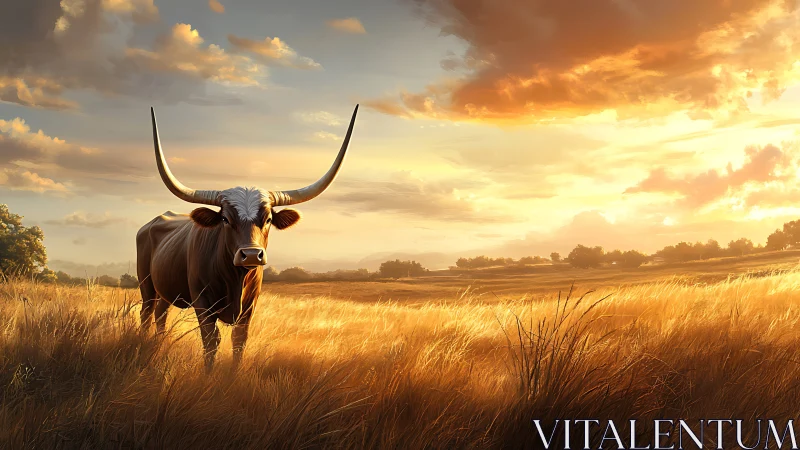 Longhorn standing in golden field under sunset sky.