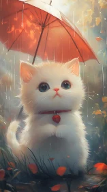 White Cat Under Red Umbrella in Rain.