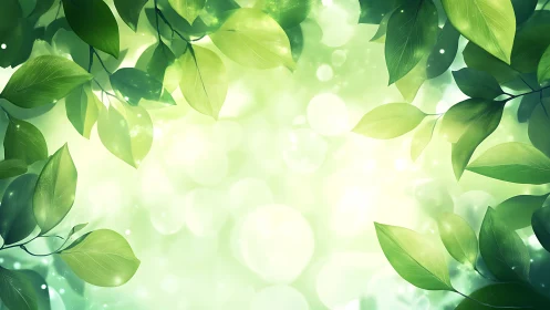 Sunlit green leaves frame soft bokeh forest background