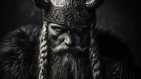 Viking warlord portrait with horned helm and braided beard.