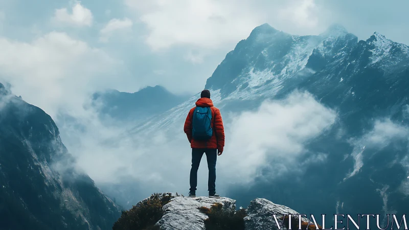 Solitary hiker overlooking misty alpine peaks in winter.