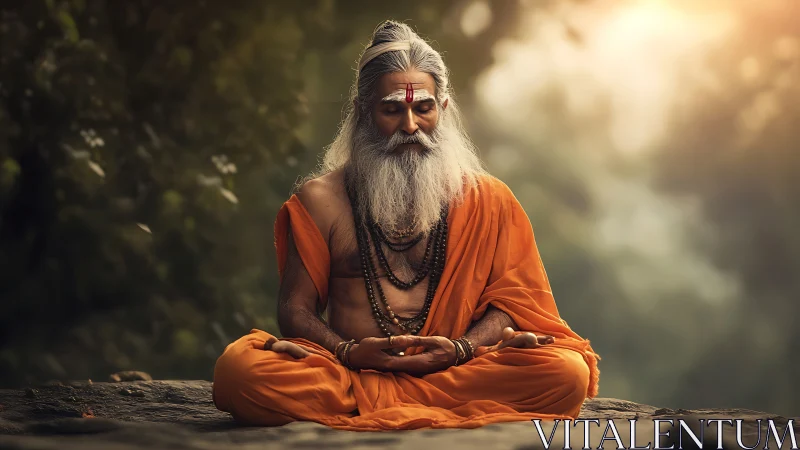 Meditating sage in orange robes under warm forest light.