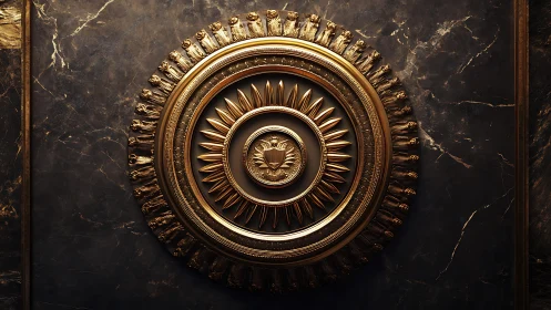 Golden sunburst medallion glows against dark marble wall