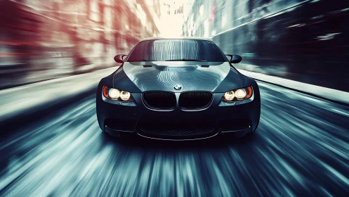 Black BMW sports car racing through blurred city street.