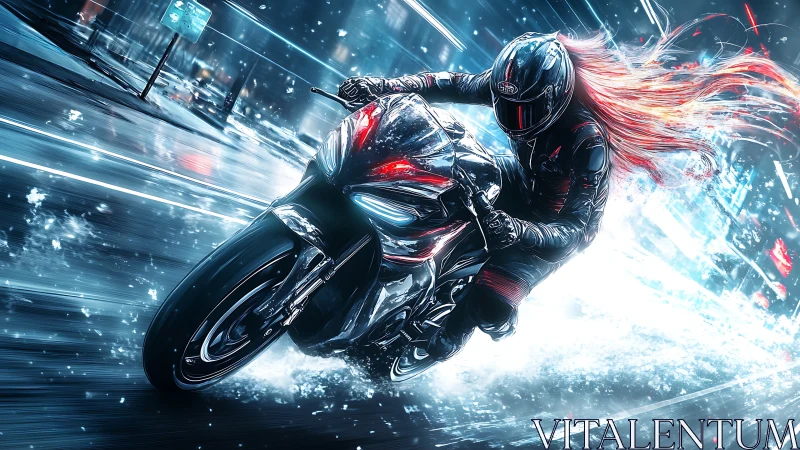 Motorcyclist leans into fast neon night city street ride.