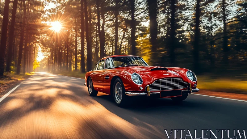 Red classic coupe on forest road at golden sunset.