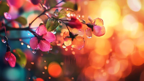 Rainbow petals dance through liquid light and chromatic bokeh