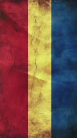 Vertical tricolor flag with worn red, yellow, blue texture.