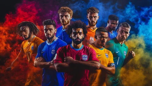 Multicolored football squad posed against smoke backdrop.