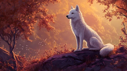Gentle white wolf resting in warm golden autumn light.