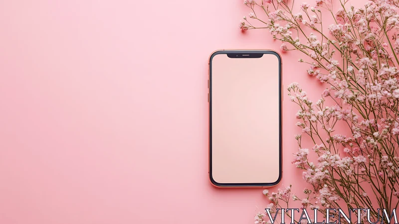 Smartphone Mockup with Flowers on Pink Background.