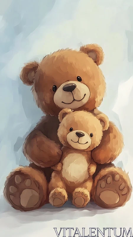 Brown teddy bear hugs smaller bear against soft backdrop.
