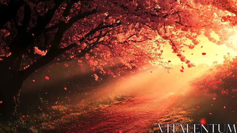 Sunlit cherry blossom path under glowing evening canopy.