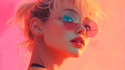 Woman in pink tinted sunglasses looks upward in neon light