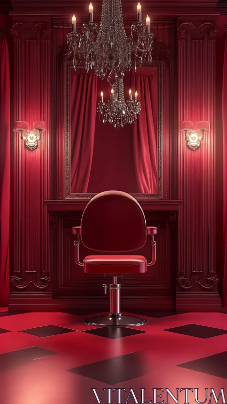 Ornate red salon chair under crystal chandelier lighting