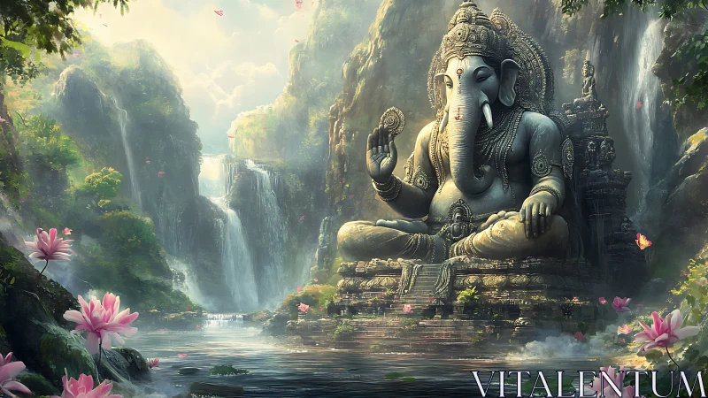 Ganesha stone sculpture beside waterfalls in forest valley.