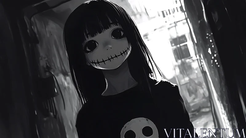 Eerie stitched-smile girl stands in shadowed alleyway.